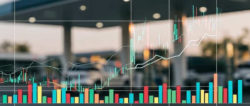 Charts of the stock market with a background gas station. idea of fuel prices.