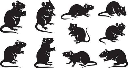 Fototapeta premium Rat and Mouse Silhouette Icons Set in Various Poses Vector Art