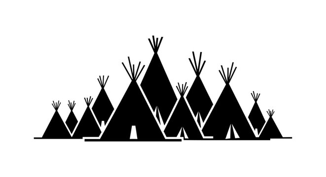 Black silhouette of Native American teepee village.