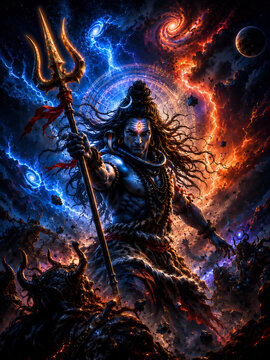 Lord Shiva Standing with Fire and Ice Cosmic 
Energy Swirl, Mahadev Powerful Destroyer 
Hindu God Epic Spiritual Art