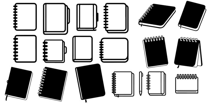 notebook and planner silhouette icons featuring journals diaries organizers and stationery symbols