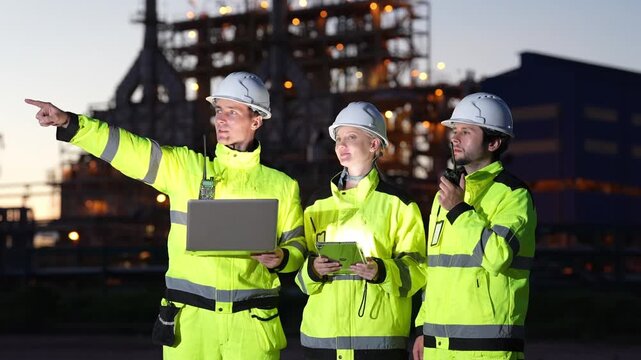 Engineer inspection industrial safety hardhat jacket construction refinery team coordinate maintenance at dusk, site check using laptop tablet radio, pointing at plant structure, shift change
