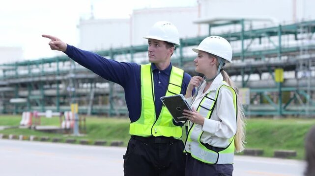Engineer inspection industrial factory safety hardhat reflective vest tablet pipeline, male supervisor pointing as female engineer records notes during plant site audit, refinery walkthrough