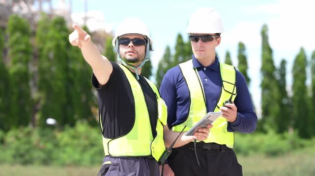 Engineer inspection for industrial construction safety, hardhat vest tablet use, male worker teamwork on site survey, checklist review, walkie talkie briefing, quality control and compliance planning