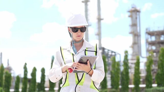 Engineer inspection at industrial refinery for safety compliance, hard hat radio tablet in hand, woman supervisor conducting site check, reporting by walkie talkie near processing tower equipment