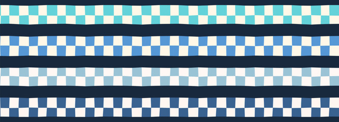 Horizontal checkerboard borders vector set, Wavy distorted dividers with check pattern for summer coastal and nautical designs © dollitude