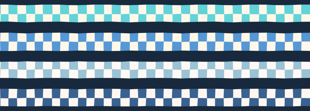 Horizontal checkerboard borders vector set, Wavy distorted dividers with check pattern for summer coastal and nautical designs
