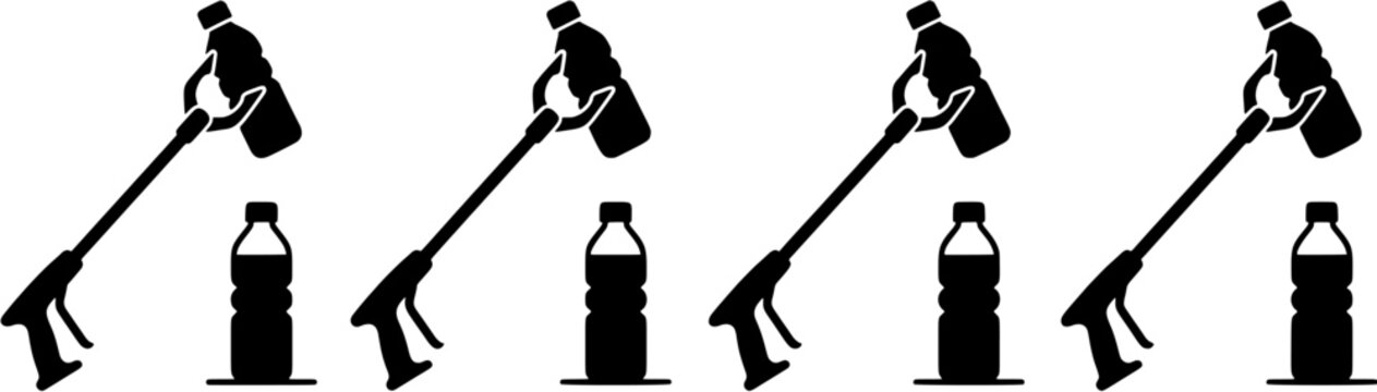 Set of litter picker grabber tools collecting plastic bottles for recycling and environmental cleanup icon set