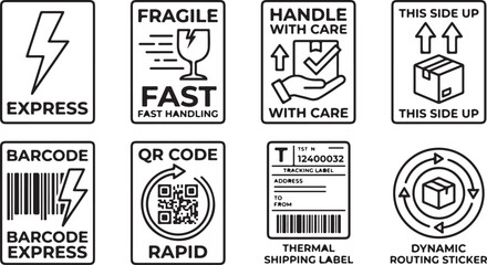Collection of shipping and logistics icons including barcode qr code and handling labels. © Sadhin