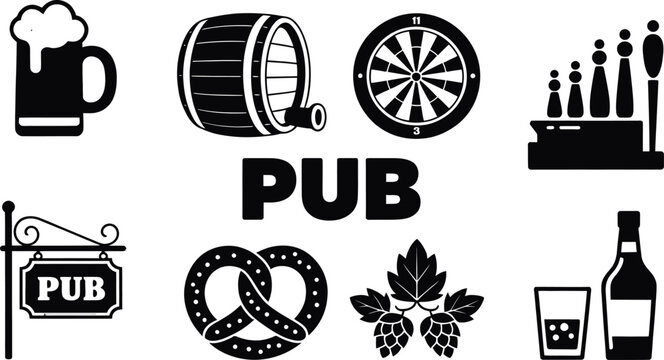 Beer mug barrel dartboard factory pub sign pretzel hops beer glass bottle.
