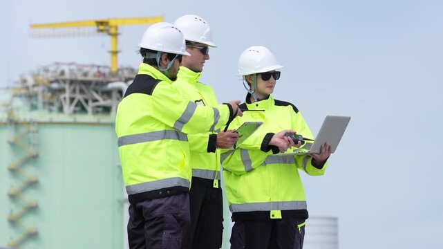 Engineer inspection industrial construction safety hardhat high visibility crane site, laptop tablet checklist review, refinery maintenance coordination, clear communication, compliance monitoring