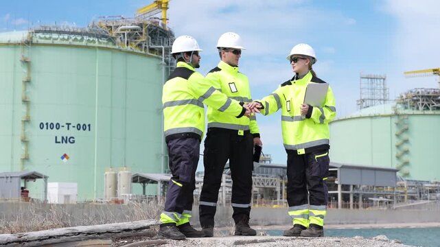Engineer inspection at industrial refinery storage tank, hard hat safety jacket teamwork at LNG terminal, worker team using tablet clipboard laptop for site survey, engineering audit, safety planning