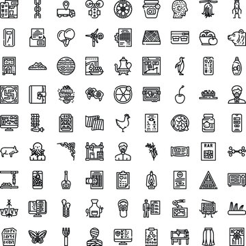 Diverse thin line icon set of food, animals, tech, business and everyday objects for modern uiux, apps, web and graphic design on a clean white background