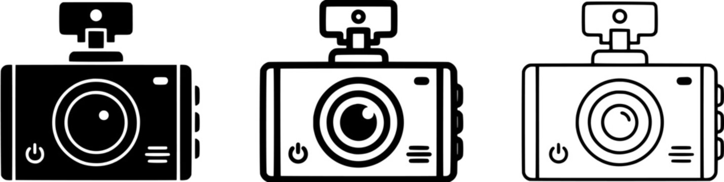 Dash cam icon set for vehicle security and recording. Automobile digital video recorder symbols for traffic safety, accident documentation and monitoring