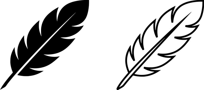 Feather icon set with solid black and outline stroke versions. Simple bird quill sign for creative design, logo element or writing symbol.