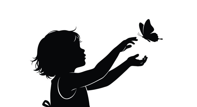 Child reaching for butterfly black silhouette butterfly