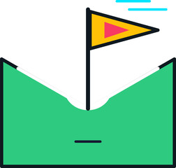 Minimalist isometric soccer corner flag illustration featuring a yellow pennant on green turf sports field. © Jasim