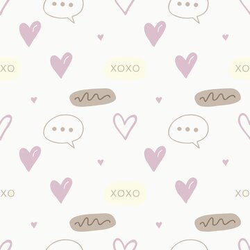 Cute seamless pattern featuring hand drawn light purple hearts with soft beige speech bubbles and xoxo text elements designed in a simple minimalist style for romantic greeting cards and stationery