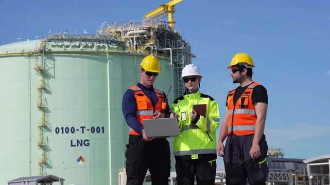 Engineer inspection at industry plant with safety helmet and vest, team walkthrough using laptop and tablet, reviewing maintenance plans beside liquefied natural gas storage tank