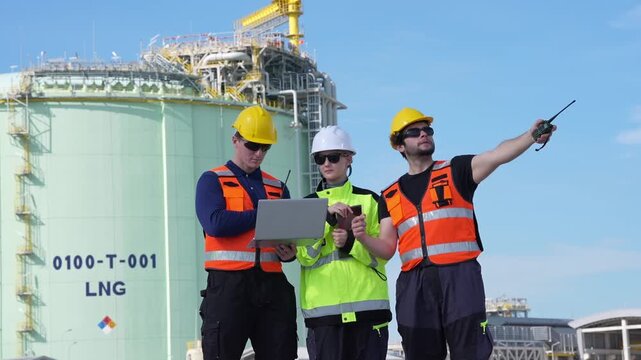 Engineer inspection at industrial natural gas storage tank, safety hard hat high visibility crew with laptop and radio coordinate maintenance planning at refinery energy terminal under clear sky