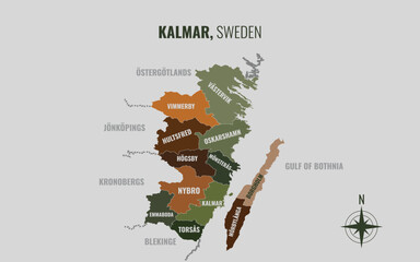 A map showing kalmar Sweden Lan into Kommun in a minimalist colorful style © Weerayuth