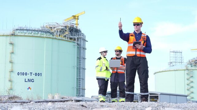 Engineer inspection at industrial lng storage tank facility, safety audit with hard hat, reflective vest, tablet, laptop, radio team checks pipelines, equipment integrity, maintenance near terminal