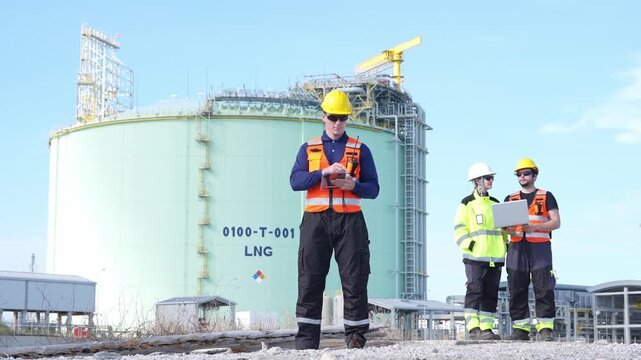 Engineer inspection at industrial gas LNG storage tank safety helmet site audit, technician worker team using tablet and laptop to check equipment, record data at energy terminal under clear sky