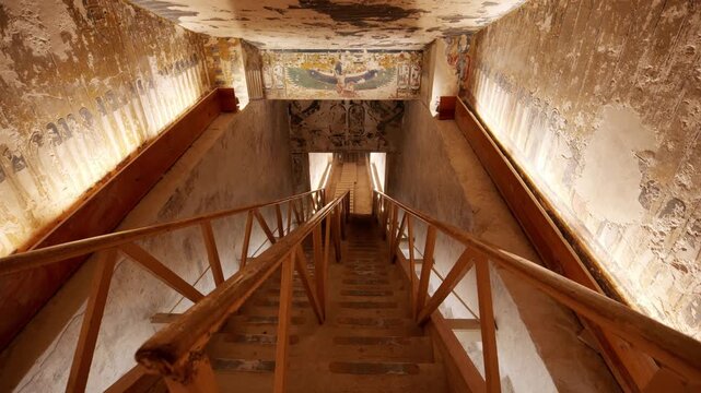 Close-up of ancient Egyptian relief carving inside KV17 tomb of Seti I, Valley of the Kings, Luxor, Egypt, showing a deity figure with black hair and deteriorating pigment.