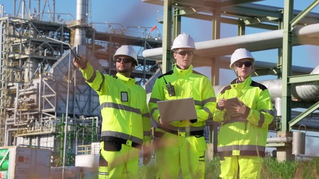 Engineer inspection industrial plant safety hard hat high visibility refinery pipeline equipment team checking with laptop, clipboard and radio, pointing at steel structure during site audit