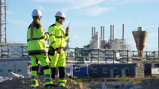 Engineering inspector industrial plant safety worker hardhat radio inspection refinery site, reflective jacket monitoring pipeline equipment, checklist teamwork, technicians coordinate outdoors