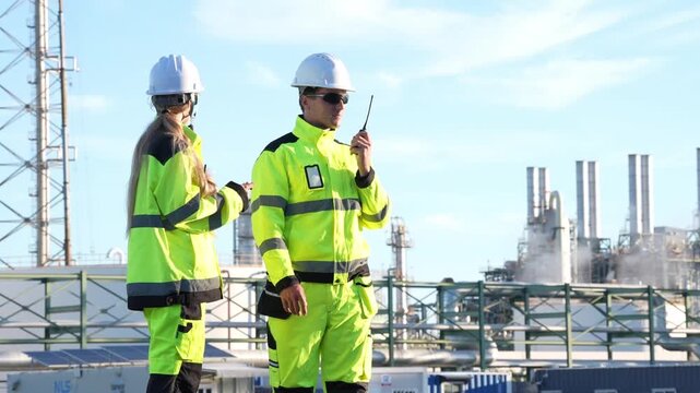 Engineering inspection industrial safety refinery worker in hard hat with radio communication during site audit and maintenance, two engineers coordinate equipment checks at processing plant platform