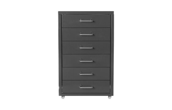 Modern black three-drawer filing cabinet isolated on transparent background