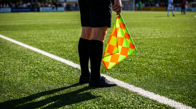 Soccer assistant referee holding a checkered flag on a green field with white lines and blurred background