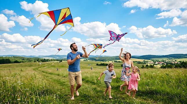 Happy family flying kites in a sunny summer field with blue sky