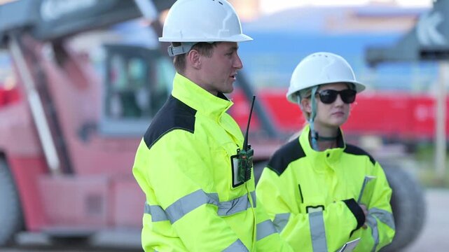 Engineer inspection industrial safety hardhat high visibility worker radio team supervises construction site, monitors machinery, uses tablet and clipboard, compliance communication risk prevention
