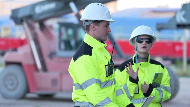 Engineer inspection industrial safety construction site helmet wearing high visibility jacket, man and woman supervisor use radio and clipboard for equipment checklist briefing beside heavy machinery