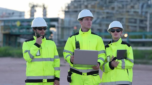 Engineer inspection industrial plant safety hard hat high visibility refinery team coordinate site audit, maintenance check, field assessment with radio, laptop, tablet, record notes for reliability