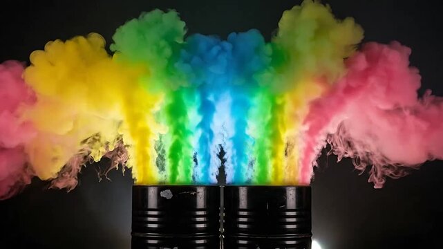 Colorful smoke bombs exploding in darkness.