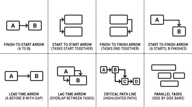 Project management task dependency icons including finish to start, start to start, finish to finish, and parallel tasks.