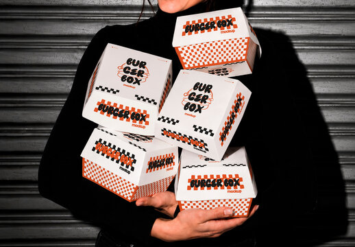 Woman Holding Stack Fast Food Boxes Mockup