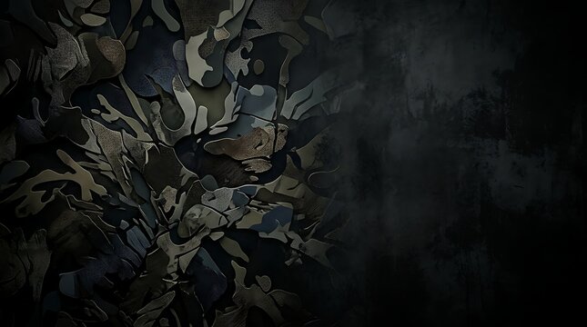 Dark abstract camouflage pattern on a textured metallic background