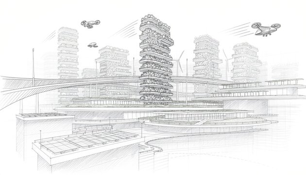 Futuristic Urban Landscape with Innovative Architecture, Drones, Green Energy, and Sustainable City Development in a Modern Tech Environment