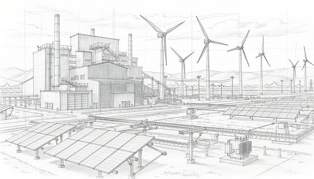Renewable Energy Industrial Complex with Wind Turbines and Solar Panels in a Sustainable Power Generation Landscape