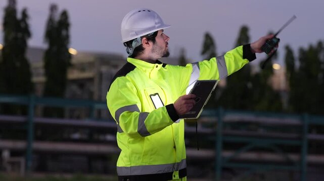 Engineer inspector industrial safety hard hat high visibility jacket using tablet during dusk site inspection, recording maintenance notes, refinery pipework quality control, pointing for compliance