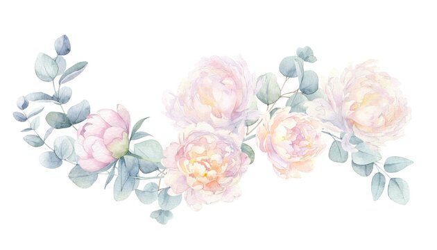 Elegant pastel watercolor floral arrangement featuring soft peonies, delicate leaves, and a serene composition for invitations and decorative purposes