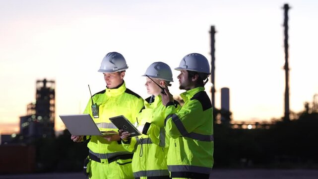 Engineer and worker inspection at industrial refinery safety audit at dusk, hard hat team in high visibility jackets review maintenance data on tablet and laptop, coordinating with radio