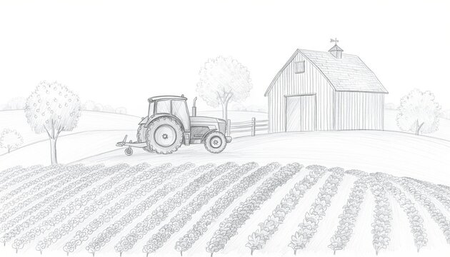 Traditional Farm Landscape Featuring Tractor, Barn, Trees, and Rows of Crops in a Stylized Black and White Drawing Representation of Agriculture