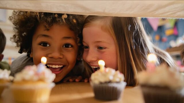 Happy diverse children hiding under a sheet fort, excitedly looking at glowing candles on cupcakes. Cozy intimate home birthday celebration and playful kids.