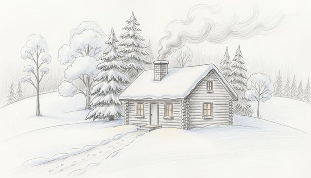 Cozy winter cabin surrounded by snow-covered trees with smoke rising from the chimney in a serene rural landscape