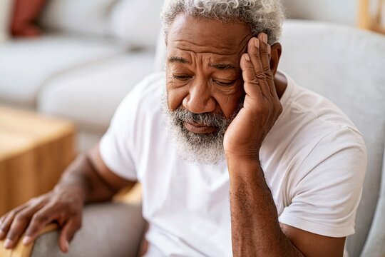 Senior man with dizziness sitting in armchair at home. Older patient touching head with vertigo symptoms, lightheaded discomfort and balance problem